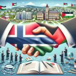 An illustration symbolizing the strengthening of educational exchange programs between Norway and Palestinian universities. Showcase a close-up of a handshake in the center to signify the collaboration, and within the handshake, embed the distinct flags of Norway and Palestine to represent the two entities. The scene is set against an academic backdrop, featuring elements like university buildings, graduation caps, books, or students studying. This is to reflect the educational aspect. Make the scene appear photorealistic and in high definition.