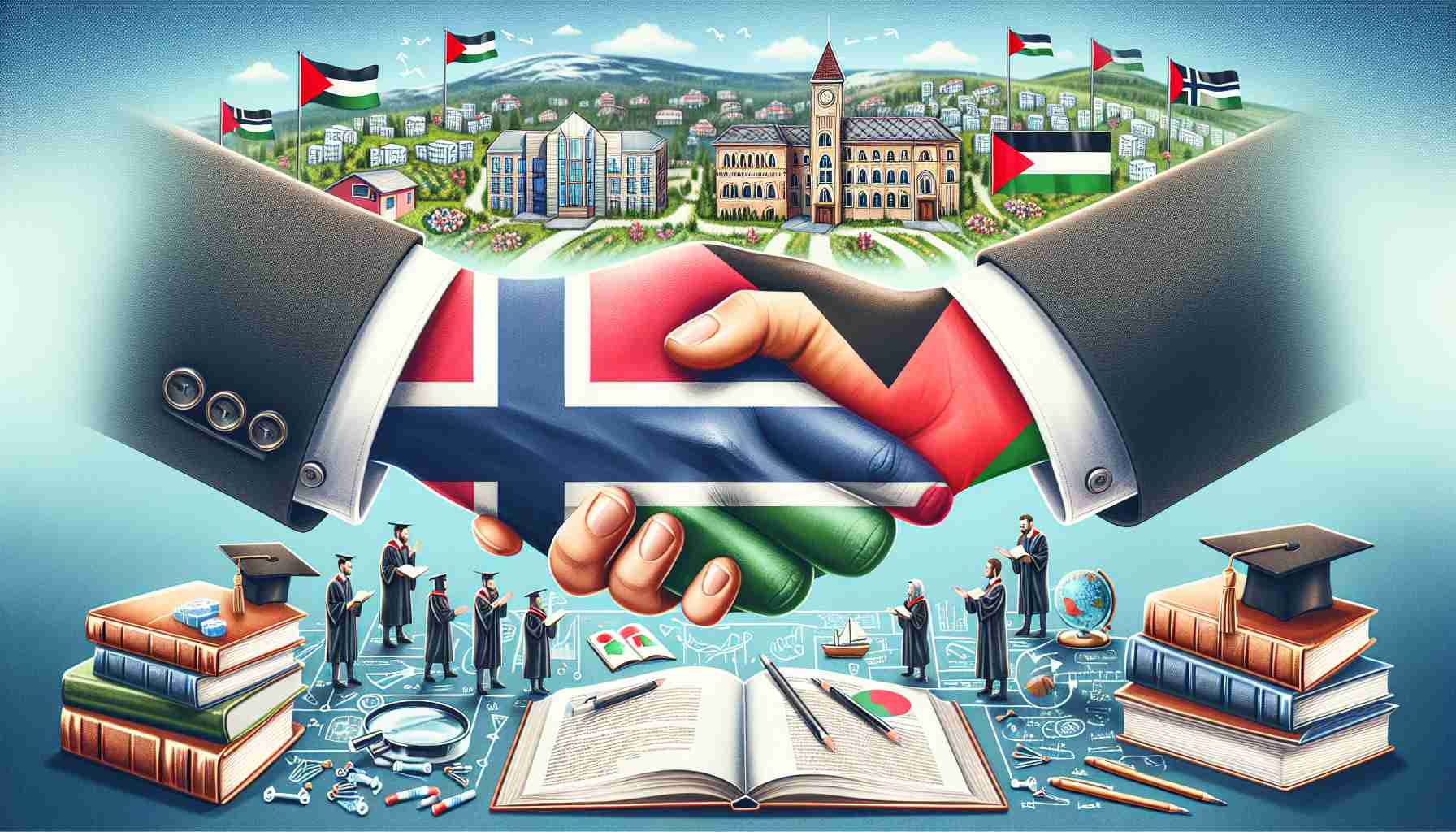 An illustration symbolizing the strengthening of educational exchange programs between Norway and Palestinian universities. Showcase a close-up of a handshake in the center to signify the collaboration, and within the handshake, embed the distinct flags of Norway and Palestine to represent the two entities. The scene is set against an academic backdrop, featuring elements like university buildings, graduation caps, books, or students studying. This is to reflect the educational aspect. Make the scene appear photorealistic and in high definition.