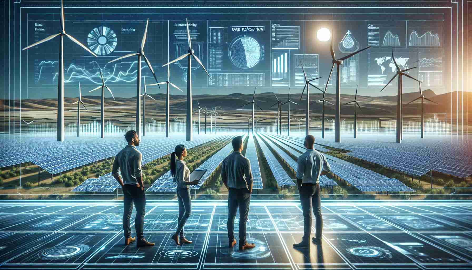 A high-definition, realistic rendering of a scene that portrays the revolution of the electricity grid: A focus on sustainability is paramount, with wind turbines turning gracefully in the background, and fields of solar panels soaking up the sun's energy. Engineers, a South Asian male, a Hispanic female, and a Black male, are observing the area, denoting a plan for scalability and efficiency. They stand in front of a futuristic display showing grid data; graphs and charts that signify progressive energy production and successful sustainable strategy for the future generations.