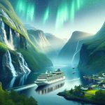 Generate a realistic high definition image showcasing the natural lush beauty of Norway, featuring the magnificent fjords, vibrant green valleys, cascading waterfalls, and the Northern Lights. Include in the scene a luxurious cruise ship, built with sustainable materials and powered by renewable energy, gently sailing through the serene waters.