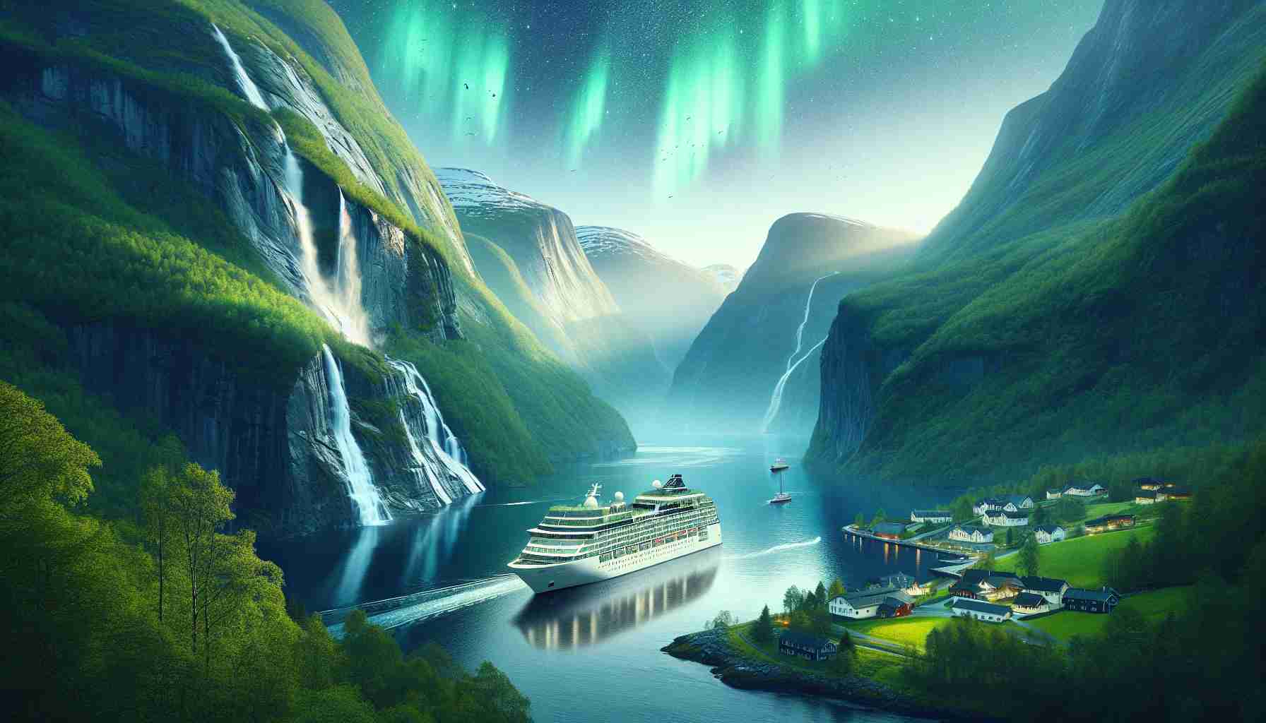 Generate a realistic high definition image showcasing the natural lush beauty of Norway, featuring the magnificent fjords, vibrant green valleys, cascading waterfalls, and the Northern Lights. Include in the scene a luxurious cruise ship, built with sustainable materials and powered by renewable energy, gently sailing through the serene waters.