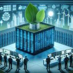 A high-definition, realistic image displaying the concept of 'Embracing the Green Revolution in Data Centre Technology'. This could include a modern, futuristic data center filled with rows of servers glowing in cool, blue tones combined with elements of green technology, such as solar panels and wind turbines providing power. Managers of diverse ethnic backgrounds could be discussing strategies on large electronic screens showing diagrams and data. One can even see a green leaf growing out of a server to symbolize blending of technology with nature.