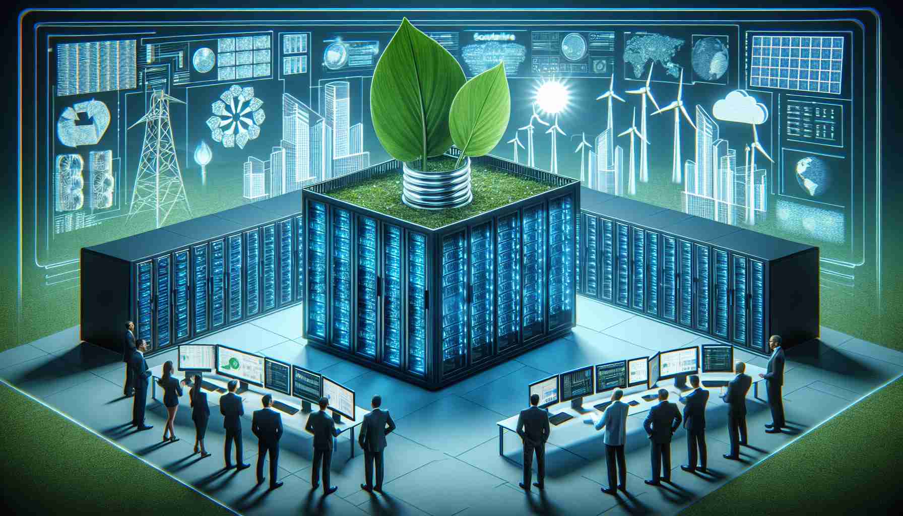 A high-definition, realistic image displaying the concept of 'Embracing the Green Revolution in Data Centre Technology'. This could include a modern, futuristic data center filled with rows of servers glowing in cool, blue tones combined with elements of green technology, such as solar panels and wind turbines providing power. Managers of diverse ethnic backgrounds could be discussing strategies on large electronic screens showing diagrams and data. One can even see a green leaf growing out of a server to symbolize blending of technology with nature.