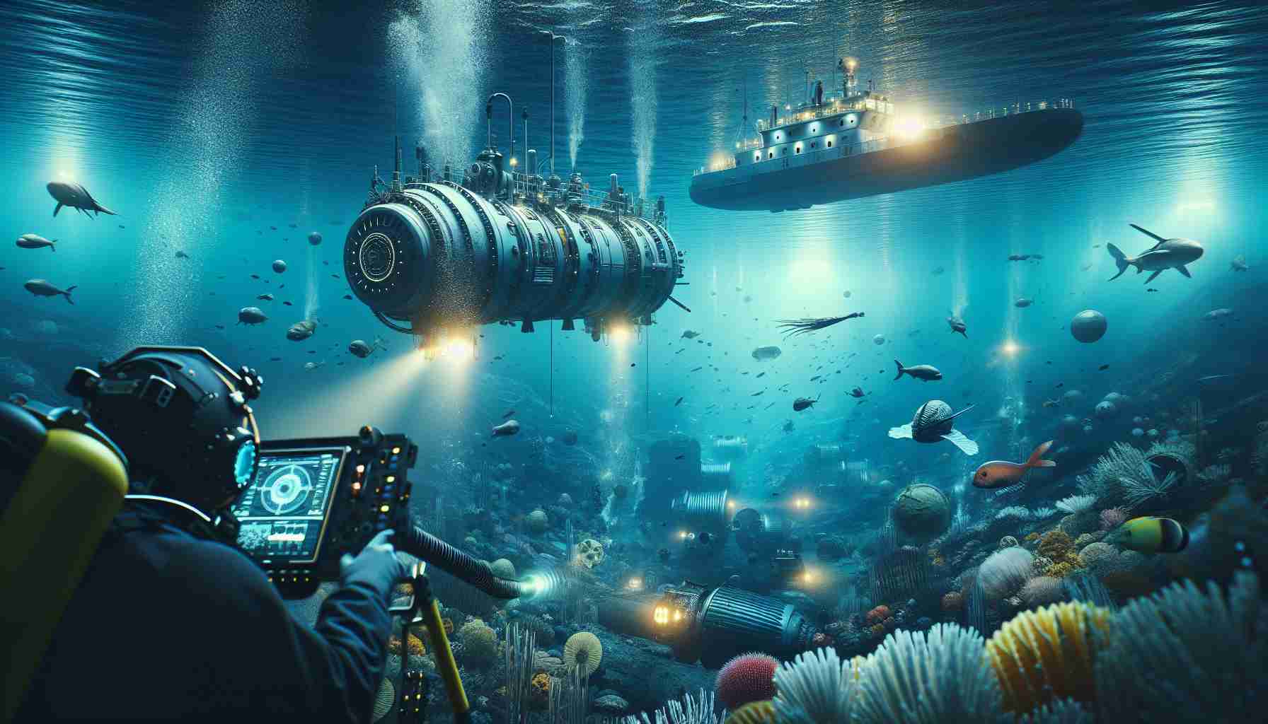 Generate a high-definition image representing the theme of 'Exploring the Depths: A Look at Offshore Discoveries'. Include a scene depicting an underwater submersible using state-of-the-art technology to decipher the vastly unexplored ocean floor. Show elements of deep-sea exploration such as cutting-edge sonar equipment, mineral and oil deposits, unique marine life, and vast underwater landscapes. The focus should be on the interplay between humanity's thirst for discovery, and the awe-inspiring raw beauty and mystery of the deep sea.