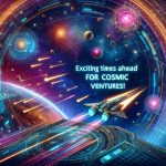 An ultra-high-definition image showcasing a futuristic vision with the text 'Exciting Times Ahead for Cosmic Ventures!' located prominently within the scene. Depict a vibrant outer space setting with stars, galaxies, and celestial bodies. A futuristic spaceship navigates through a trail of comets. Add neon lighting effects to highlight the innovative technological components.