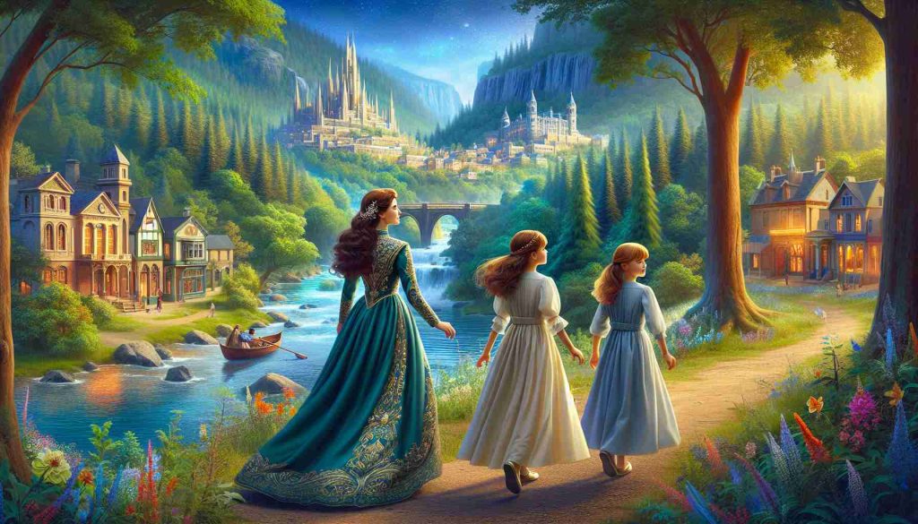 Realistic HD image of a princess followed by her two youthful daughters on an artistic journey. They trek through a beautiful landscape filled with natural wonders - a vivid green forest, a sparkling river, and a vibrant, artistic town with classic architecture. The princess, donned in a royal gown with intricate details, guides her daughters, both wearing simple but elegant dresses, exploring the magical world of art and creativity. The girls appear to be around 8–10 and 12–14 years old respectively.