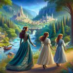 Realistic HD image of a princess followed by her two youthful daughters on an artistic journey. They trek through a beautiful landscape filled with natural wonders - a vivid green forest, a sparkling river, and a vibrant, artistic town with classic architecture. The princess, donned in a royal gown with intricate details, guides her daughters, both wearing simple but elegant dresses, exploring the magical world of art and creativity. The girls appear to be around 8–10 and 12–14 years old respectively.