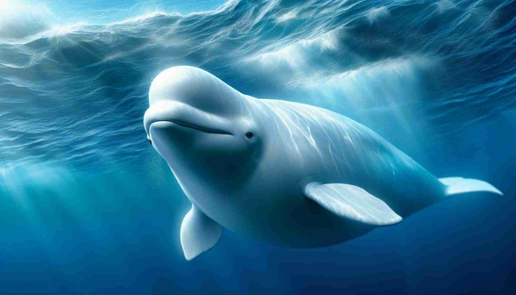 Generate a high-definition, realistic image of a beloved beluga whale, known for its lasting legacy. The beluga whale moves in the majestic ocean, its brilliant white body contrasting the deep blue water around it. Its face appears friendly and intelligent as it leaves a trail of bubbles behind.