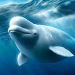 Generate a high-definition, realistic image of a beloved beluga whale, known for its lasting legacy. The beluga whale moves in the majestic ocean, its brilliant white body contrasting the deep blue water around it. Its face appears friendly and intelligent as it leaves a trail of bubbles behind.