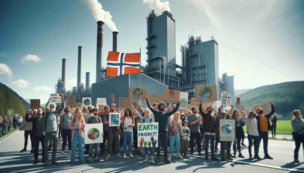 Generate a high-definition, realistic image of a peaceful protest led by environmental activists outside a manufacturing plant in Norway. The scene unfolds on a clear day, with a Norwegian flag fluttering in the wind. The activists, of diverse descents such as Caucasian, Hispanic, Black, Middle-Eastern, and South Asian, hold placards with earth-friendly messages. They are mixed gender, wearing casual clothing suitable for outdoor weather conditions in Norway. The plant in the background is painted a typical industrial shade of grey, with smokestacks hinting at the industrial nature of its operations. Remember, this is a peaceful protest, filled with a spirit of unity and purpose.