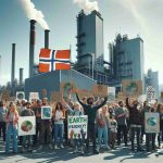 Generate a high-definition, realistic image of a peaceful protest led by environmental activists outside a manufacturing plant in Norway. The scene unfolds on a clear day, with a Norwegian flag fluttering in the wind. The activists, of diverse descents such as Caucasian, Hispanic, Black, Middle-Eastern, and South Asian, hold placards with earth-friendly messages. They are mixed gender, wearing casual clothing suitable for outdoor weather conditions in Norway. The plant in the background is painted a typical industrial shade of grey, with smokestacks hinting at the industrial nature of its operations. Remember, this is a peaceful protest, filled with a spirit of unity and purpose.