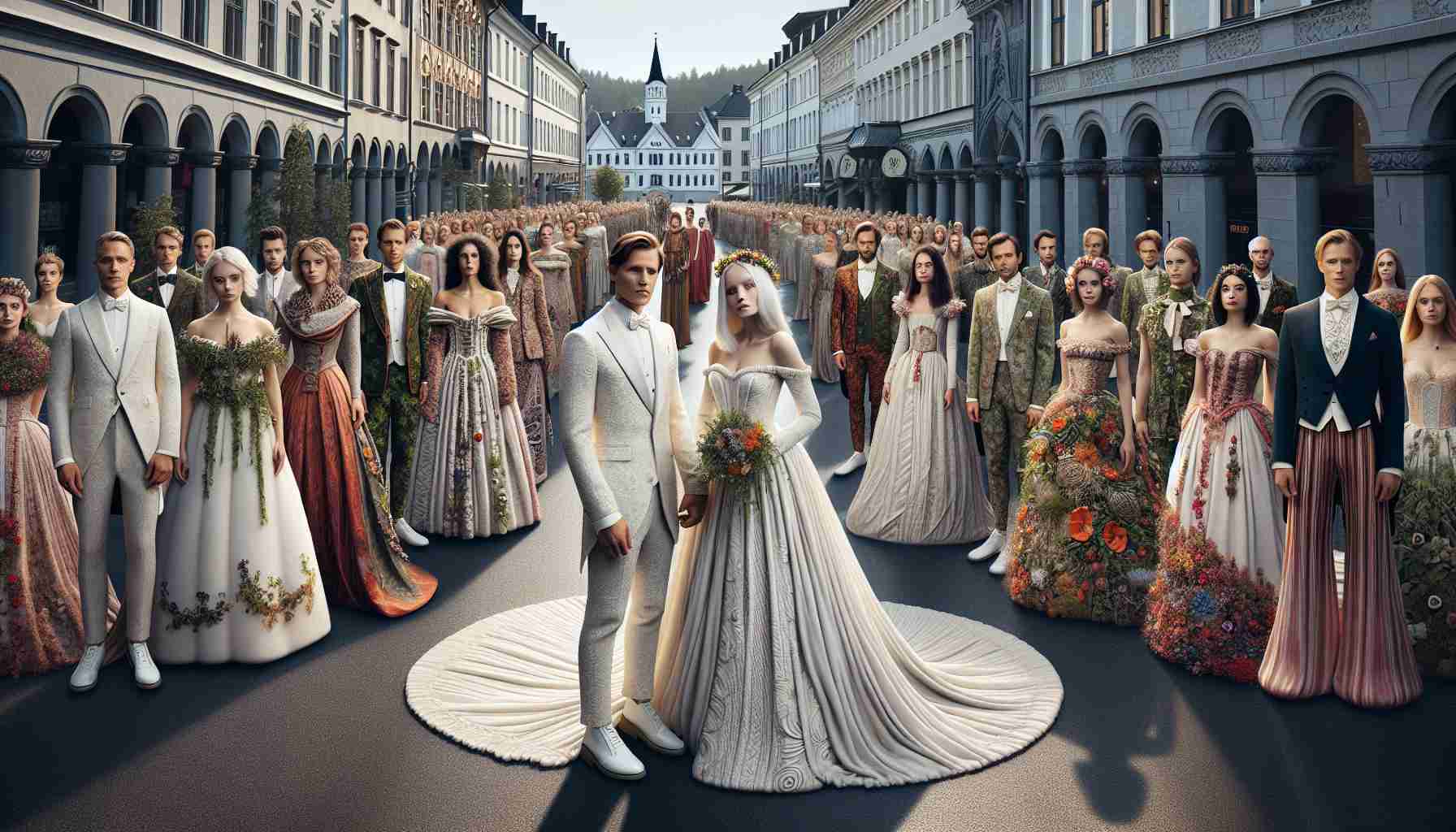 Realistic high definition image showcasing a royal wedding in Norway that transforms into a sustainable fashion extravaganza. The scene displays various eco-friendly attires creatively designed from recycled materials. The unique elegance of Scandinavian culture is fused with the pressing concern for the environment. Both the bride and groom, of Caucasian descent, radiate in their sustainably designed outfits, surrounded by guests of diverse descents dressed in similar fashion.