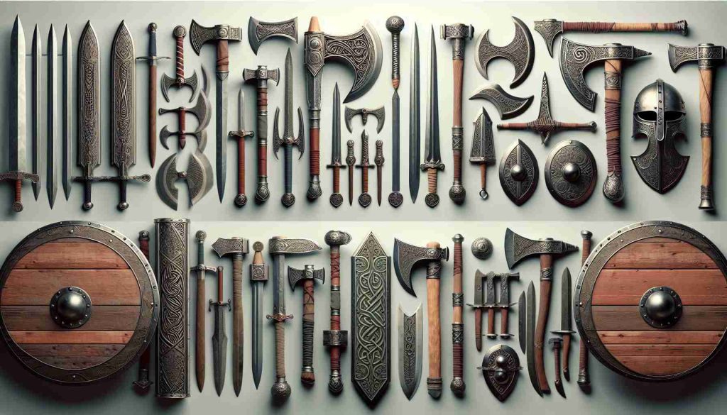 Generate a realistic high-definition image showcasing Viking Age weaponry, which tells a story of two different societies. The weaponry could consist of swords, axes, shields, and helmets, characterized by their intricate designs and robust materials. Each society's weaponry should exhibit distinctive stylistic elements and craftsmanship, reflecting their unique culture and the societal context of the Viking Age.