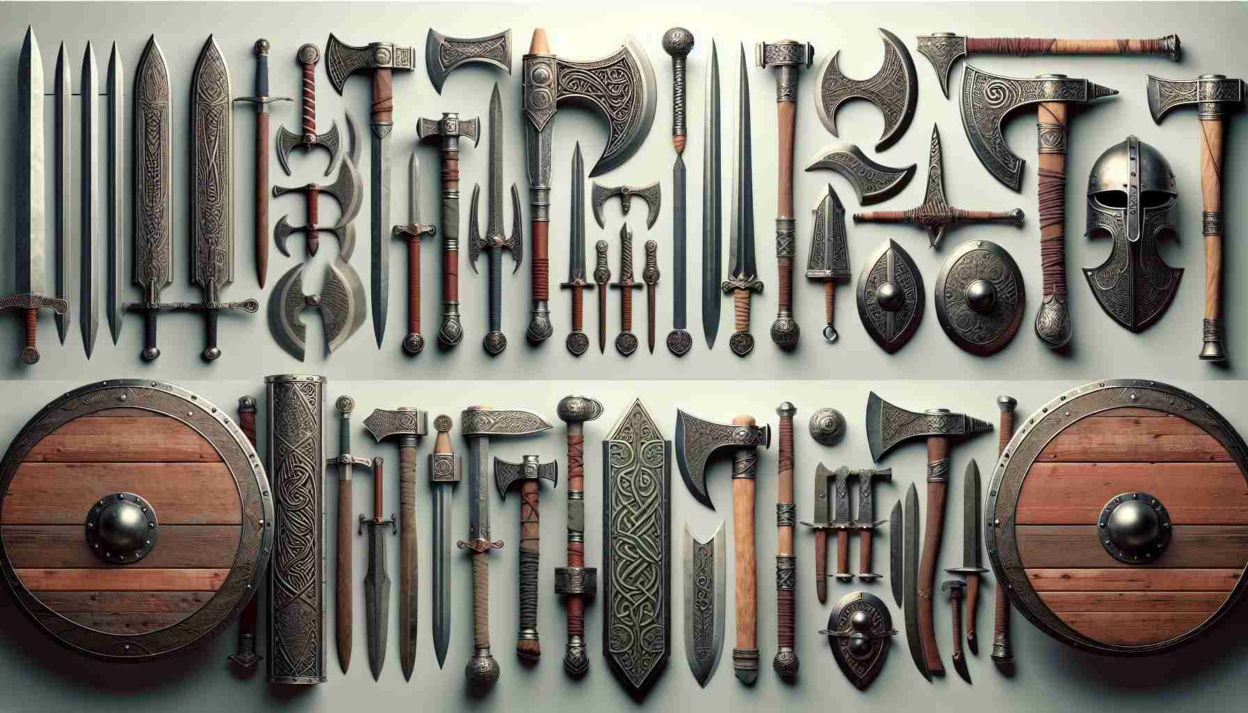 Generate a realistic high-definition image showcasing Viking Age weaponry, which tells a story of two different societies. The weaponry could consist of swords, axes, shields, and helmets, characterized by their intricate designs and robust materials. Each society's weaponry should exhibit distinctive stylistic elements and craftsmanship, reflecting their unique culture and the societal context of the Viking Age.