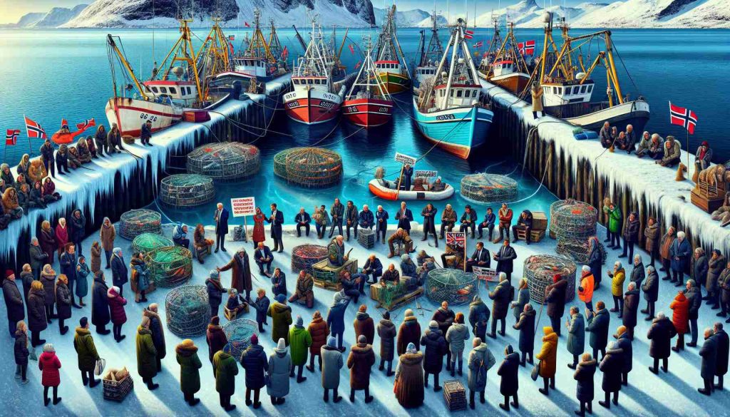 A vivid and sharp image capturing the controversy around Norway's fishing quotas that has sparked an international debate. The scene should depict a variety of fishing boats docked at a Norwegian harbor with stacks of fish nets and traps, symbolizing the fishing quota. In the crowd, show individuals of various descents such as South Asian, Caucasian, and Middle Eastern, engaged in intense discussions and debates. They are holding banners and placards expressing their differing opinions and concerns. The coldness of Norway is demonstrated by the snowy mountains in the background and icy seawater.