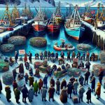 A vivid and sharp image capturing the controversy around Norway's fishing quotas that has sparked an international debate. The scene should depict a variety of fishing boats docked at a Norwegian harbor with stacks of fish nets and traps, symbolizing the fishing quota. In the crowd, show individuals of various descents such as South Asian, Caucasian, and Middle Eastern, engaged in intense discussions and debates. They are holding banners and placards expressing their differing opinions and concerns. The coldness of Norway is demonstrated by the snowy mountains in the background and icy seawater.