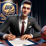 A high-definition realistic image of a former basketball star from UW-Superior, pen in hand, signing a professional contract. The player is dressed in a sharp suit, a clear expression of excitement on his face. There's a logo of an overseas basketball league on the document, symbolizing his major step into international play. The background suggests the setting is a formal signing event.