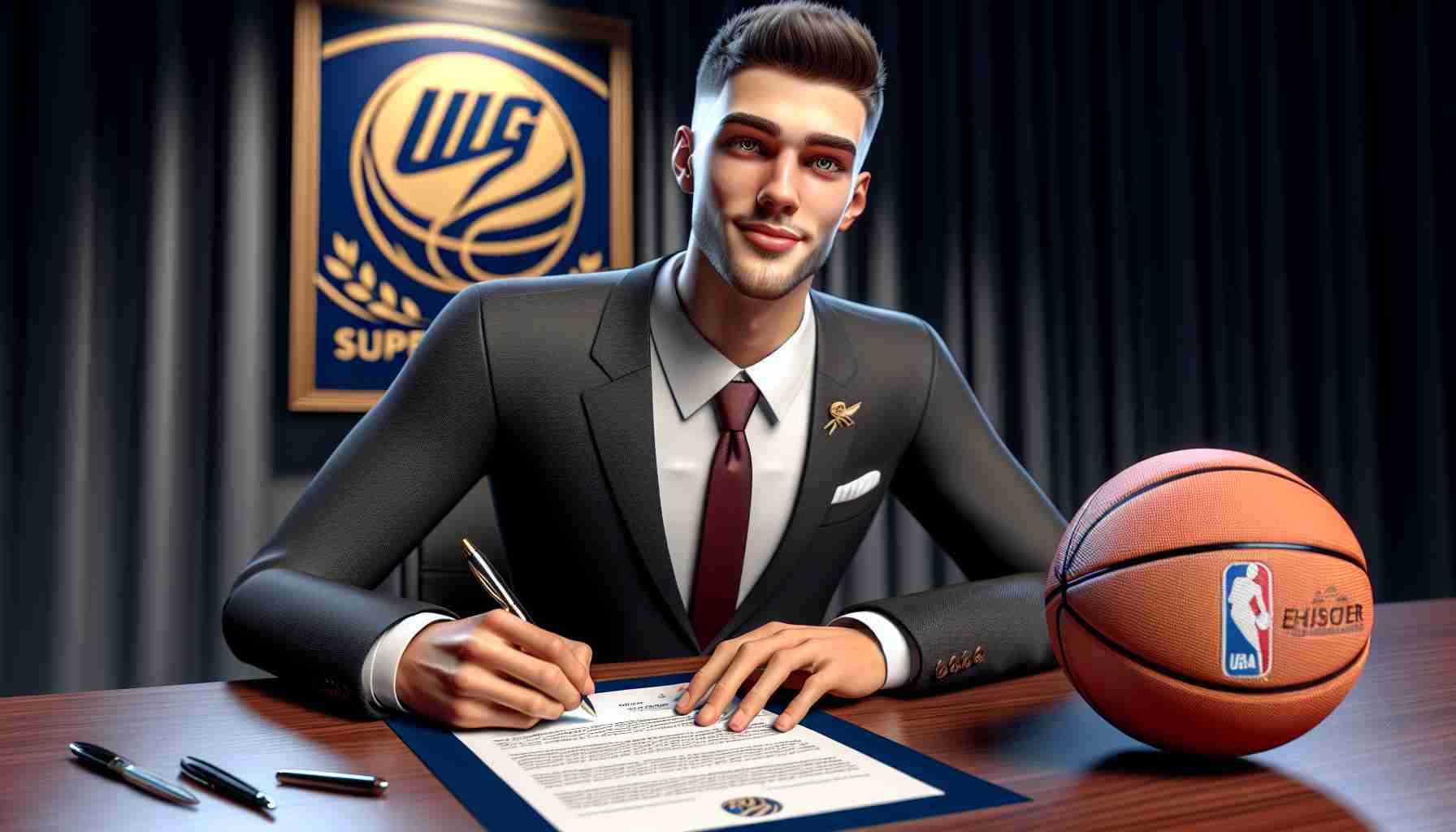 A high-definition realistic image of a former basketball star from UW-Superior, pen in hand, signing a professional contract. The player is dressed in a sharp suit, a clear expression of excitement on his face. There's a logo of an overseas basketball league on the document, symbolizing his major step into international play. The background suggests the setting is a formal signing event.