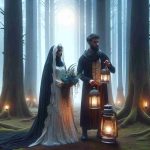 Create an image of two newlyweds, a black bride and a Middle-Eastern groom, standing in a mystical, ethereal setting that denotes alternative spirituality. They could be among tall ancient trees, under the gentle light of a full moon with a carpet of soft moss under their feet. The essence of the image should capture their spiritual connection to the alternate universe, and each other. Maybe the bride holds a bouquet of unusual mystical forest flowers and the groom holds an antique lantern casting enchanted lights, reflecting their embrace of the alternative spirituality.