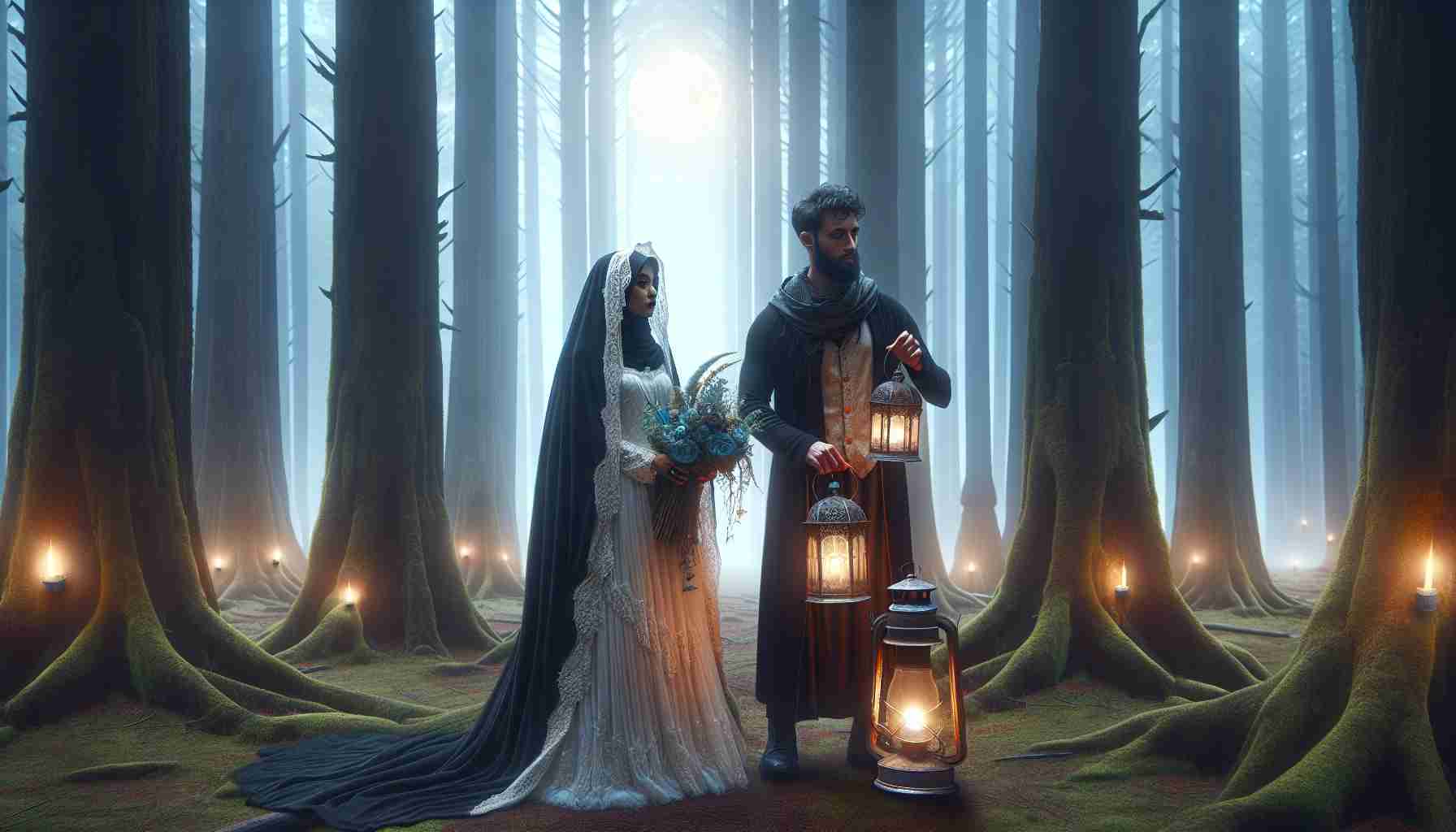 Create an image of two newlyweds, a black bride and a Middle-Eastern groom, standing in a mystical, ethereal setting that denotes alternative spirituality. They could be among tall ancient trees, under the gentle light of a full moon with a carpet of soft moss under their feet. The essence of the image should capture their spiritual connection to the alternate universe, and each other. Maybe the bride holds a bouquet of unusual mystical forest flowers and the groom holds an antique lantern casting enchanted lights, reflecting their embrace of the alternative spirituality.