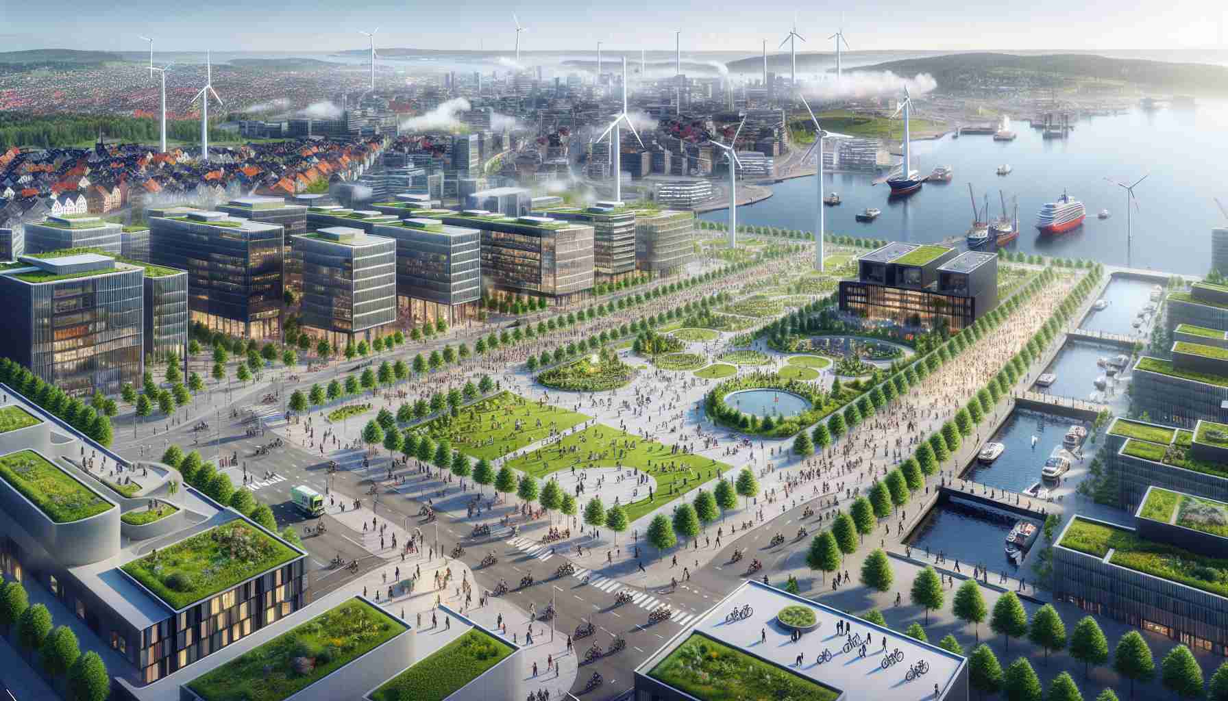 A high-definition, photorealistic image showcasing Norway's economic prosperity: a model of sustainable growth. The image should feature a panoramic view of modern metropolitan areas with green parks, eco-friendly offices, and renewable energy systems like wind turbines and solar panels. Also, include bicycles and electric vehicles, a testament to their commitment to sustainability. People of various descents should be walking, cycling, or working, embodying the thriving and inclusive nature of the economy.