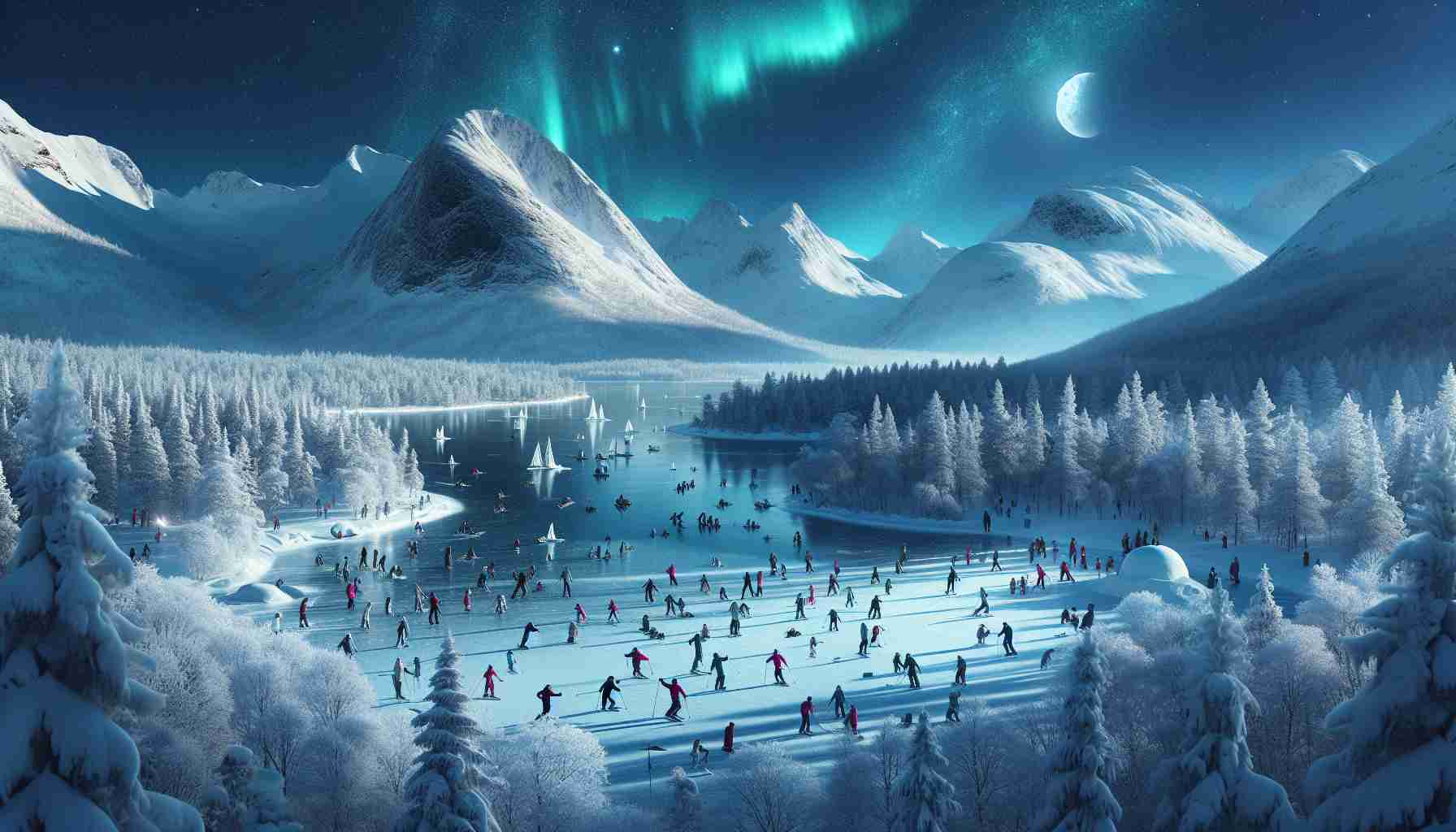 Generate a high-definition, realistic image representing Winter Wonderland Adventures in Norway and Sweden. Picture a mesmerizing snowy landscape featuring majestic mountains, dense frosted pine forests, and frozen lakes reflecting the cold winter moonlight. People of various genders and descents are seen warm and active in their winter wear, engaging in thrilling winter activities such as skiing, sledding, ice-skating, and exploring the region's exquisite ice sculptures. Northern lights or Aurora Borealis wave across the clear sky, enhancing the mystic allure of the Scandinavian winter night.