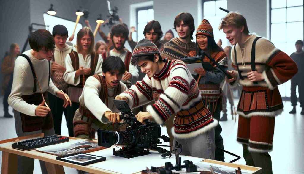 Generate a high-definition image showcasing Sámi youth feeling empowered through the medium of film. The scene includes a group of young Sámi individuals passionately engaged in various aspects of filmmaking process. One member could be seen directing, another adjusting a camera, while others are immersed in script writing or acting. The atmosphere is visibly energetic, driven by their unified mission to tell their unique stories through cinema. Incorporate elements indicative of the Sámi culture. Use realistic art style for the creation.