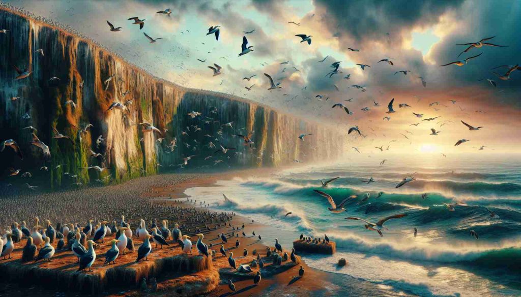 Generate a highly detailed, realistic image of numerous seabird colonies spotted along a shoreline. The environment should convey a sense of disappearance or vanishing, perhaps by incorporating elements like eroding cliffs or vacant nests. The scene should play out under a vibrant, dramatic sky to intensify the melancholic feel, with ocean waves crashing onto the shore. The seabirds, showing species diversity, can be seen in various stages of activity - some taking flight, others courting, and a few nestled calmly in the disappearing habitat.