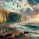 Generate a highly detailed, realistic image of numerous seabird colonies spotted along a shoreline. The environment should convey a sense of disappearance or vanishing, perhaps by incorporating elements like eroding cliffs or vacant nests. The scene should play out under a vibrant, dramatic sky to intensify the melancholic feel, with ocean waves crashing onto the shore. The seabirds, showing species diversity, can be seen in various stages of activity - some taking flight, others courting, and a few nestled calmly in the disappearing habitat.