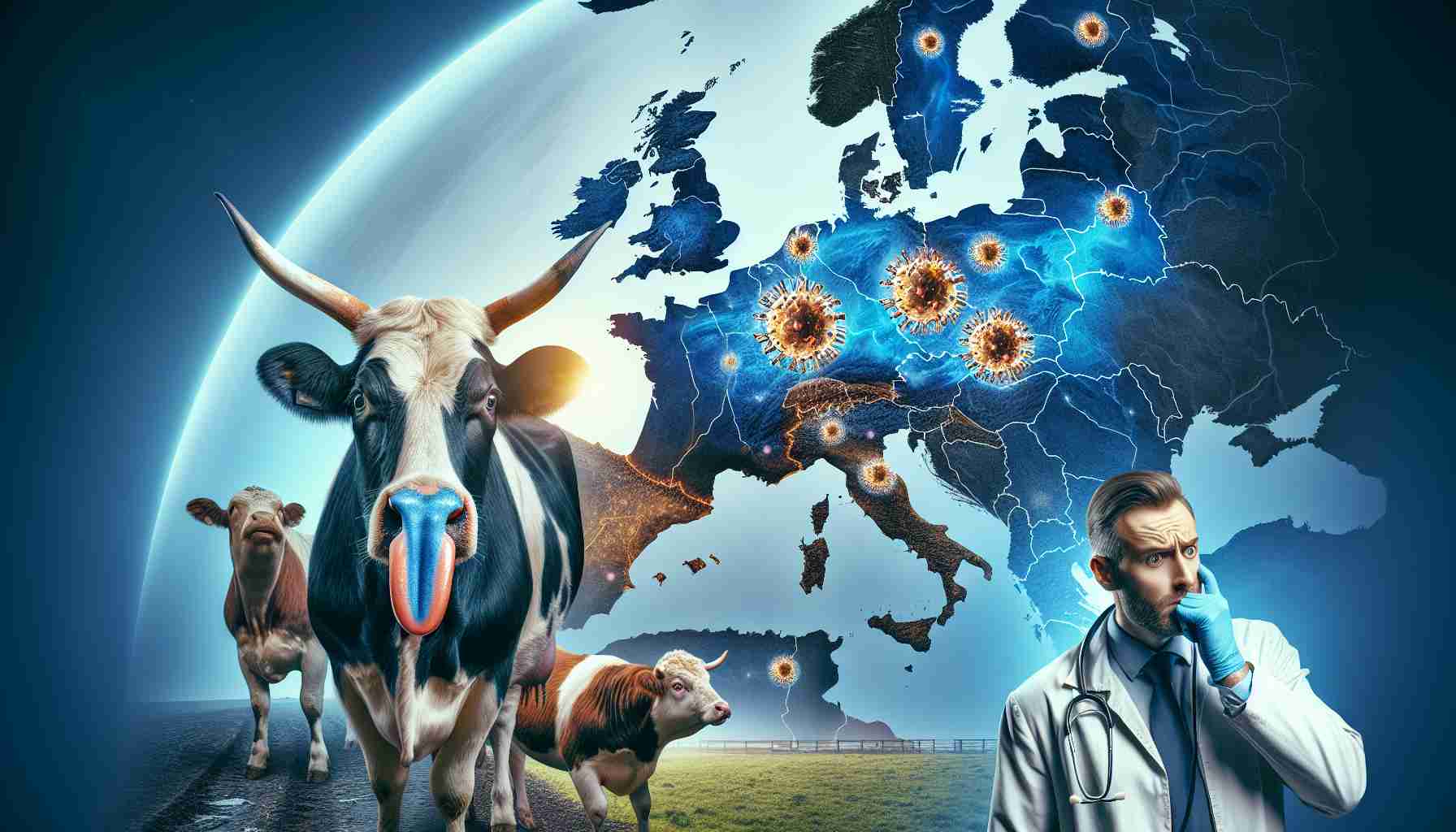 A realistic high-definition image that symbolically represents a sharp rise in cases of Bluetongue Virus across Europe. The imagery can include a detailed map of Europe with locations marked where the virus is prevalent. These marked locations can be colour-coded to highlight the severity of the virus's spread. Embellished in the background could be concerned expressions of vets and farmers, showing the impact on the livestock farming community. A couple of blue-tongued animals, like cows and sheep, should feature in the foreground, further indicating the nature of the situation.