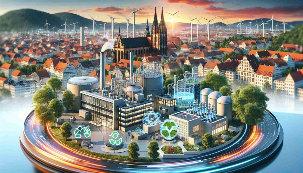 Realistic high-definition photo illustrating the concept of cutting-edge sustainability initiatives in the context of materials exploration, as conducted by a renowned research institution, set against the backdrop of a vibrant cityscape, with Heidelberg-like architecture prevalent. Show high-tech laboratories where the exploration is happening, along with depictions of sustainability, such as renewable energy sources, recycling symbols, and nature thriving amidst technological advancements.