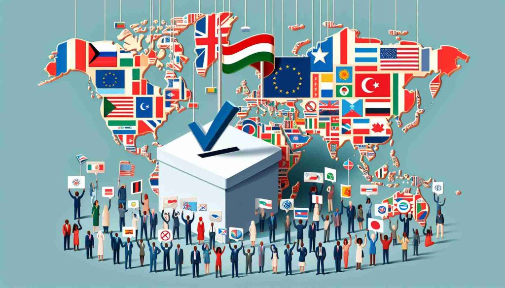 Depict an illustrative image representation of the concept: 'Election delay in a country sparks international concern'. Show a country's map, a symbol for election such as a ballot box, and symbols representing international concern such as diverse ethnicity of people expressing concern and a collection of international flags. Note: No real politicians or recognizable figures should be included.