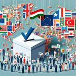 Depict an illustrative image representation of the concept: 'Election delay in a country sparks international concern'. Show a country's map, a symbol for election such as a ballot box, and symbols representing international concern such as diverse ethnicity of people expressing concern and a collection of international flags. Note: No real politicians or recognizable figures should be included.