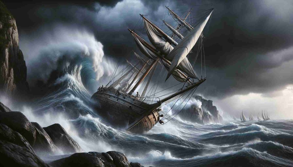 Detailed and realistic high-definition image of a sailing boat in distress off the rocky Italian coast. The ominous dark clouds hint at an approaching storm. The boat is facing a high wave, tilting dangerously to one side. The scene shows the raw power of nature and the perilous situation for the crew.