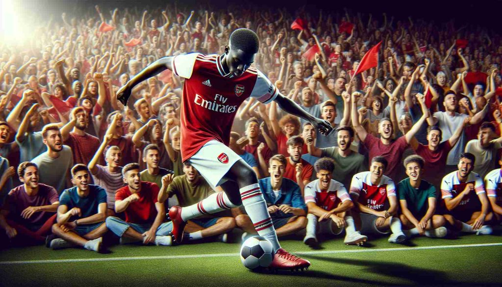 Vibrant high-definition photograph capturing the growing excitement among fans as a young soccer player donning an Arsenal jersey showcases his skills on the field. The athlete, who is of Black descent and appears to be in his early twenties, masterfully controls the ball, weaving past competitors with unrivaled agility and precision. Crowd stands filled with diverse spectators cheer passionately in the background, creating a dynamic atmosphere of suspense and anticipation.