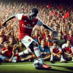 Vibrant high-definition photograph capturing the growing excitement among fans as a young soccer player donning an Arsenal jersey showcases his skills on the field. The athlete, who is of Black descent and appears to be in his early twenties, masterfully controls the ball, weaving past competitors with unrivaled agility and precision. Crowd stands filled with diverse spectators cheer passionately in the background, creating a dynamic atmosphere of suspense and anticipation.