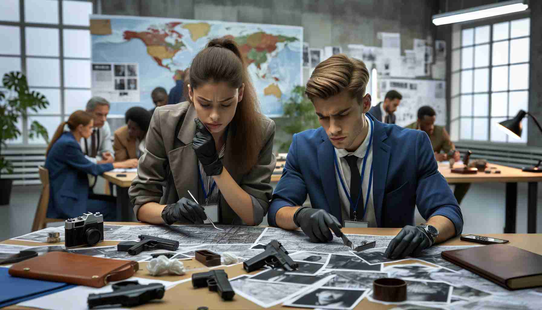 Generate a realistic high-definition image of an ongoing investigation scene showing forensic analysts of mixed descent: a Caucasian male and a Black female, scrutinizing evidences. They're centered around items seemingly belonging to a recently returned expatriate, suspected to be involved in a recent international incident. Background includes maps, photos, documents spread about on a wide table, with other diverse investigators in deep discussions behind these two main characters.