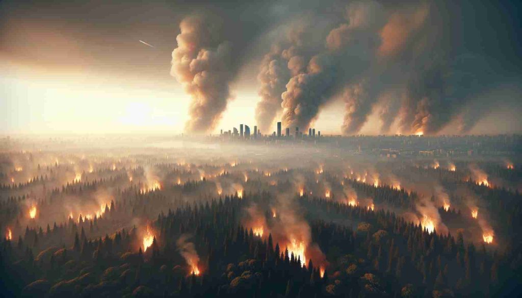 A realistic HD image illustrating the scene of a forest fire in the northern part of Ukraine. The picture should capture vast forests ablaze with towering infernos, clouding the sky with heavy smog. The resultant hazy and poor air quality should be depicted vividly in the city skyline of Kyiv, which is seen from a distance, with its iconic buildings barely visible through the smoke.