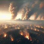 A realistic HD image illustrating the scene of a forest fire in the northern part of Ukraine. The picture should capture vast forests ablaze with towering infernos, clouding the sky with heavy smog. The resultant hazy and poor air quality should be depicted vividly in the city skyline of Kyiv, which is seen from a distance, with its iconic buildings barely visible through the smoke.