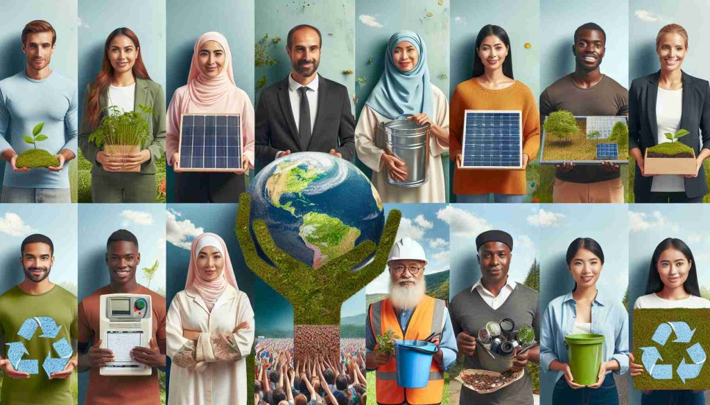 Create a high-definition, realistic photo that depicts widespread support for sustainable environmental practices around the world. The scene should include a variety of different nationalities showing their commitment to pro-environmental activities. Perhaps there could be a Middle Eastern woman promoting solar energy, a Hispanic man involved in reforestation, a Caucasian individual demonstrating renewable energy usage, a South Asian person practicing waste management, and a Black person engaged in water conservation. Each person should be professionally dressed, showing that they are taking this matter seriously. They could be holding tools or objects related to their respective eco-friendly practice.