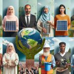 Create a high-definition, realistic photo that depicts widespread support for sustainable environmental practices around the world. The scene should include a variety of different nationalities showing their commitment to pro-environmental activities. Perhaps there could be a Middle Eastern woman promoting solar energy, a Hispanic man involved in reforestation, a Caucasian individual demonstrating renewable energy usage, a South Asian person practicing waste management, and a Black person engaged in water conservation. Each person should be professionally dressed, showing that they are taking this matter seriously. They could be holding tools or objects related to their respective eco-friendly practice.