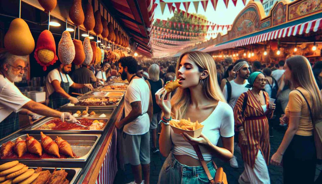 Generate a realistic high-definition image of a bustling local food festival. Show stands offering a variety of mouth-watering treats from different cultures and dishes. Perhaps a Caucasian woman is trying a traditional Hispanic empanada for the first time, while a Middle-Eastern man is indulging in a sweet South Asian dessert. The vibe is energetic, full of rich colors and tantalizing scents spread across the festival grounds.