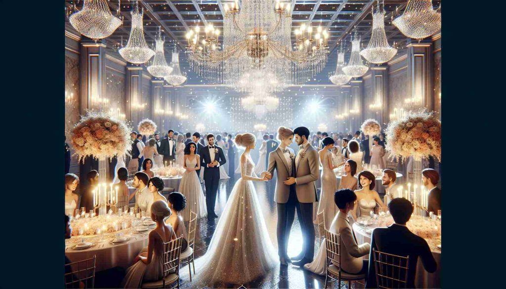 A realistic high-definition image showing a wedding celebration with a sparkling ambiance. The decor should reflect regal elegance, complete with grand chandeliers and an abundance of beautiful flowers. The couple in the spotlight should be dressed in royal attires: the groom in a refined suit, and the bride in a luxurious wedding gown. They should be seen engaging with their guests, who are also dressed in elegant attires. Please include a variety of people of different genders and descents including: Caucasian, Hispanic, Black, Middle-Eastern, and South Asian, all interacting and celebrating together.