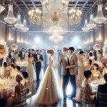 A realistic high-definition image showing a wedding celebration with a sparkling ambiance. The decor should reflect regal elegance, complete with grand chandeliers and an abundance of beautiful flowers. The couple in the spotlight should be dressed in royal attires: the groom in a refined suit, and the bride in a luxurious wedding gown. They should be seen engaging with their guests, who are also dressed in elegant attires. Please include a variety of people of different genders and descents including: Caucasian, Hispanic, Black, Middle-Eastern, and South Asian, all interacting and celebrating together.