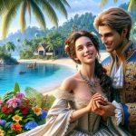 A high-definition, realistic image depicting a scene of joyful union between a noble woman and man, who could be considered as a princess and prince respectively, amidst a tropical island setting. They both, with smiles on their faces, express a sense of bliss that is amplified by the lush greenery, colourful tropical flowers, and pristine blue waters surrounding them. They wear attire befitting a royal occasion - the woman in a grand, flowing gown and the man in a regal, finely tailored suit.