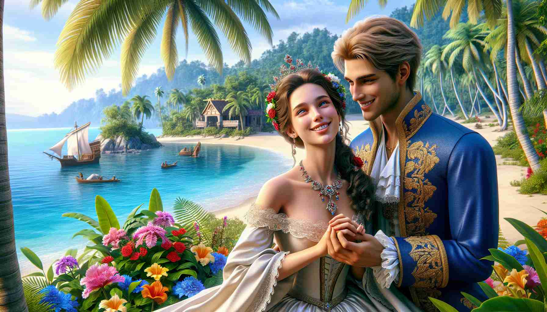 A high-definition, realistic image depicting a scene of joyful union between a noble woman and man, who could be considered as a princess and prince respectively, amidst a tropical island setting. They both, with smiles on their faces, express a sense of bliss that is amplified by the lush greenery, colourful tropical flowers, and pristine blue waters surrounding them. They wear attire befitting a royal occasion - the woman in a grand, flowing gown and the man in a regal, finely tailored suit.