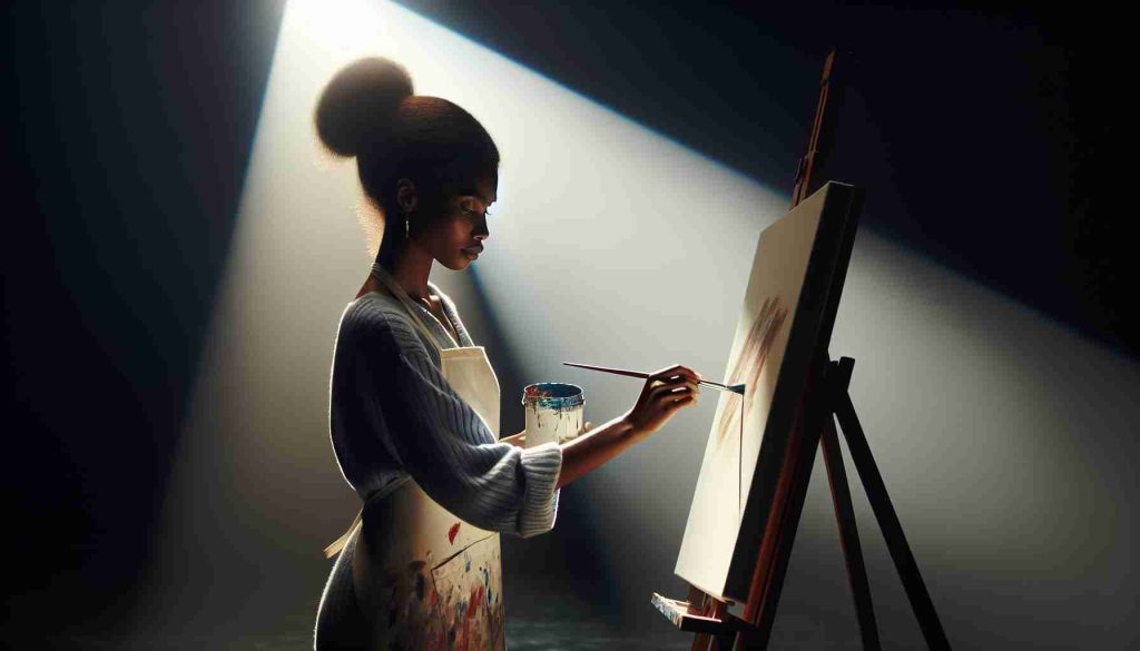 A high definition, realistic image of a young artist showcased in a spotlight. The artist, a Black woman, is seen from a half-length perspective on stage, deeply engrossed in applying brush strokes to a canvas that stands on an easel. She is dressed in a paint-splattered smock indicating her creative occupation. A strong, focused beam of light from above illuminates the stage, casting her in a warm glow and giving a sense of dramatic importance to her work. The background remains in dim lighting providing a beautiful contrast.