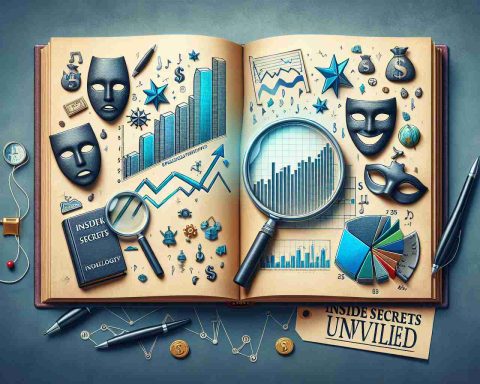 Create a detailed and high definition image that metaphorically represents the uncovering of undisclosed information about the fluctuations of a generic technology company's stock market performance, with the use of icons such as magnifying glasses, stock graphs, theatrical masks indicating drama and a book titled 'Inside Secrets Unveiled'.