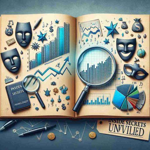 Create a detailed and high definition image that metaphorically represents the uncovering of undisclosed information about the fluctuations of a generic technology company's stock market performance, with the use of icons such as magnifying glasses, stock graphs, theatrical masks indicating drama and a book titled 'Inside Secrets Unveiled'.