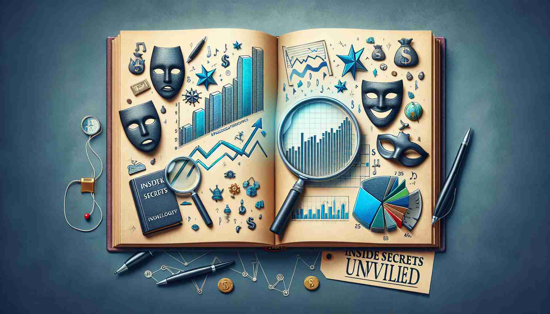 Create a detailed and high definition image that metaphorically represents the uncovering of undisclosed information about the fluctuations of a generic technology company's stock market performance, with the use of icons such as magnifying glasses, stock graphs, theatrical masks indicating drama and a book titled 'Inside Secrets Unveiled'.